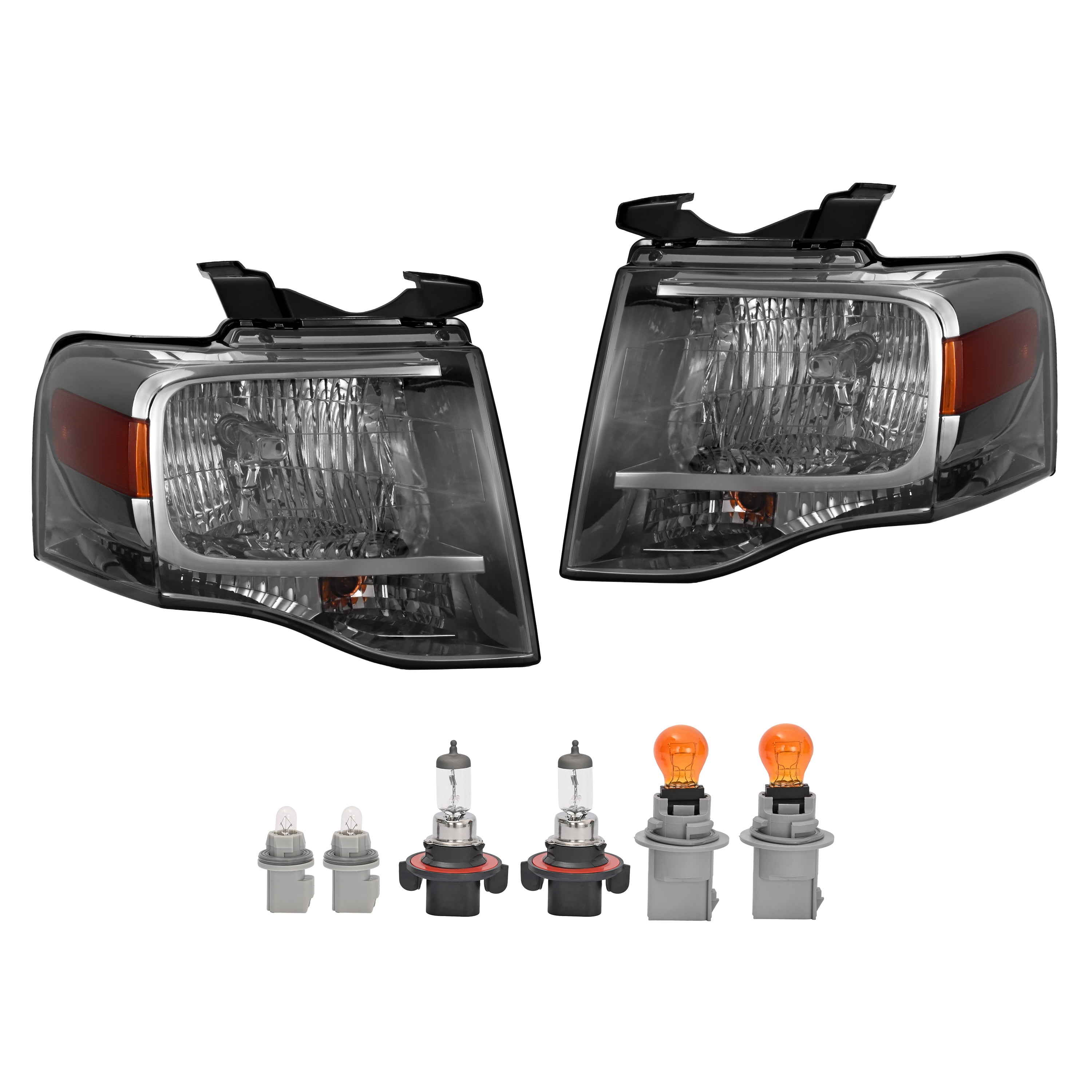 Kojem Pair Headlight Assembly for 2007-2014 Ford Expedition Replaces FO2502226 FO2503226 Halogen Headlamp Front Light Lamp w/Bulb Smoke Lens Chrome Housing Driver & Passenger Side
