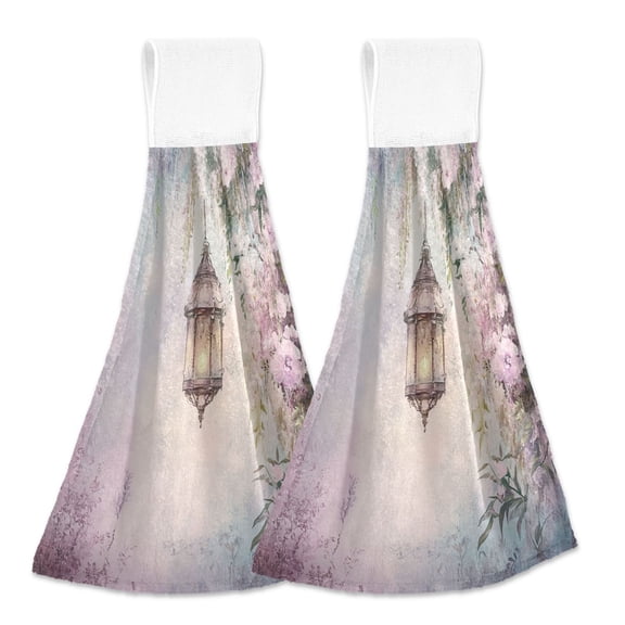 BZSMCE Hanging Hand Towels Fashion Vintage Lamp with Flowers Pattern 2-Pack - Velcro Style Bathroom Kitchen Towels