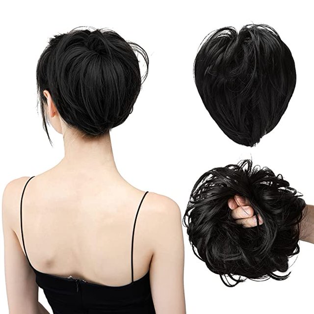 Chignon en Désordre Pièce de Cheveux Faux Chignon Élastique Fibre Synthétique Résistant à la Chaleur Extension Queue de Cheval Courte Noire Instantanée Chignons Élastique pour Femmes Noires Filles