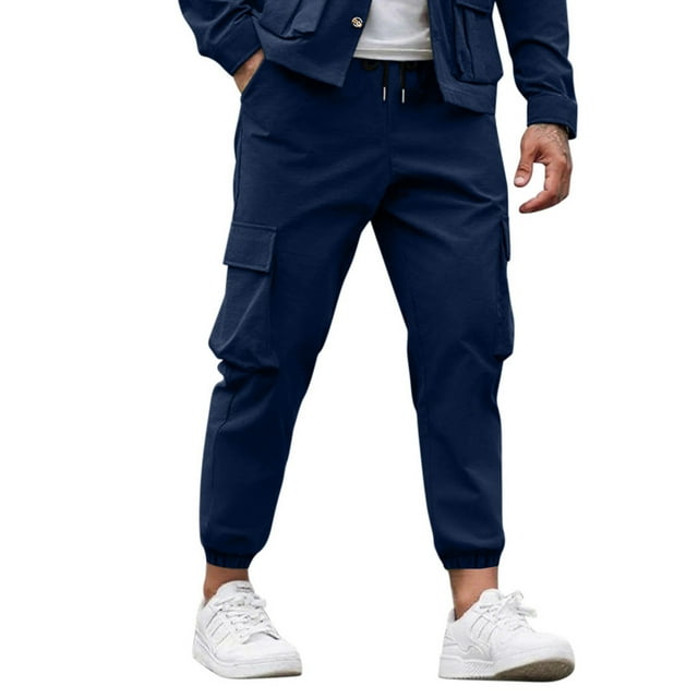 Kalauyu Cargo Joggers for Men Relaxed Fit Drawstring Elastic Waist Cargo Pants Outdoor Tapered Hiking Pants