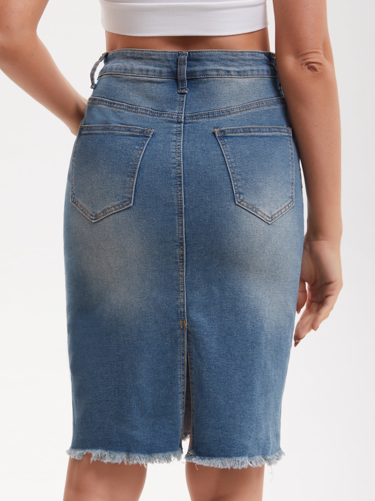 DARING DIVA Women's Denim Raw Hem Pockets Pencil Skirt Large Retro Blue