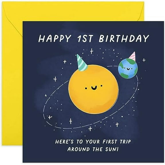 Old English Co. First Birthday Card for Baby Boy or Girl - First Trip Around the Sun Birthday Card - Cute 1 Year Old Birthday Card - Son, Daughter, Granddaughter, Grandson | Blank Inside Envelope