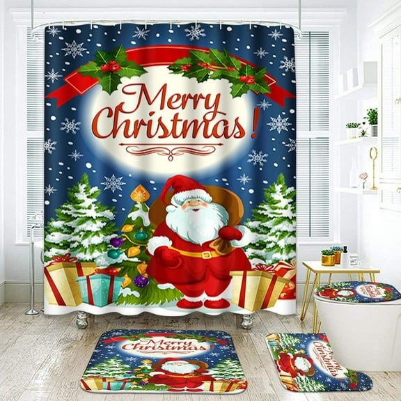 4 Pcs Shower Curtain Set Christmas Fir Tree Snowy Wooden with Non-Slip Rugs Toilet Lid Cover and Bath Mat Bathroom Decor Set 72" x 72"