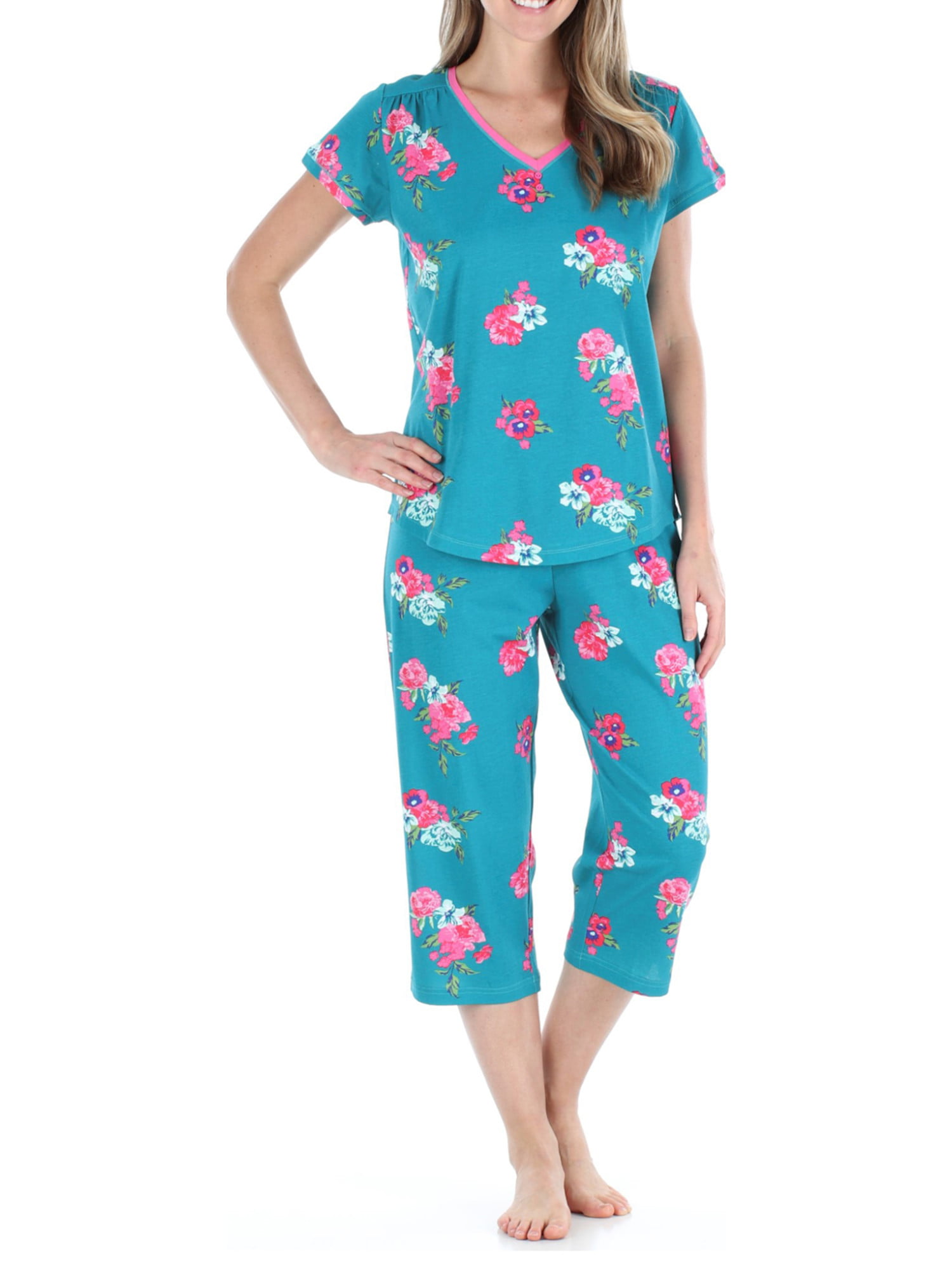 Capris M 8-10 Womens Pajamas Set TEAL w/ PURPLE WHITE FLOWERS Button Up S/S Top
