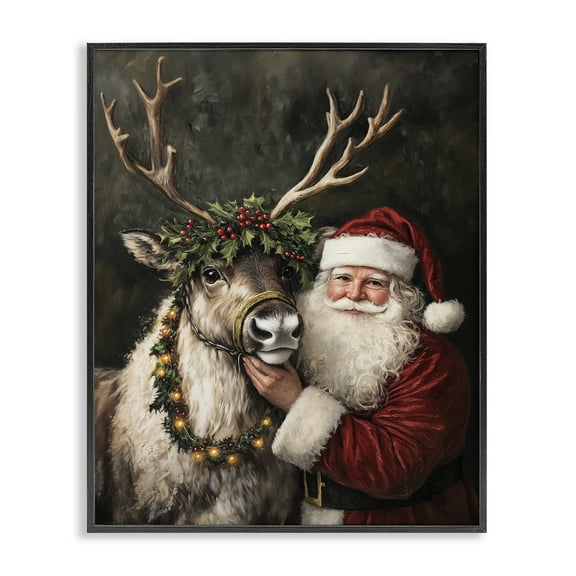 Stupell Industries Santa & Reindeer Portrait Holiday Painting Black Framed Art Print Wall Art, 11 x 14