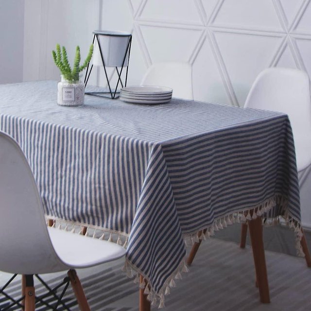 Ofertas promocionales Mantel de lino de algodón resistente con rayas y flecos