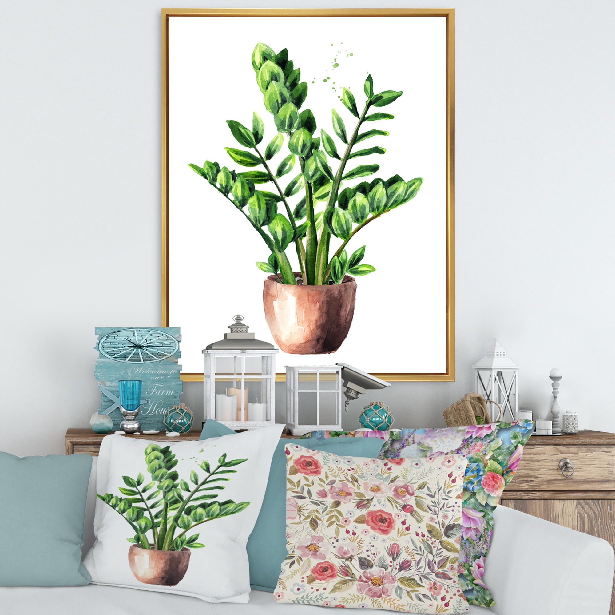 Designart 'Zamioculcas Tropical Plant With Green Leaves On White' Traditional Framed Canvas Wall Art Print