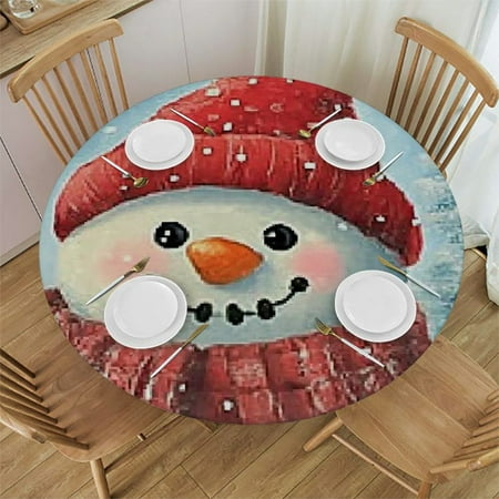 

Ullo0ord Cute Snowman Winter Fitted Round Tablecloth Waterproof Table Cloth with Elastic Edge Wipe Clean Table Cover for Indoor Outdoor Fits 42 -46