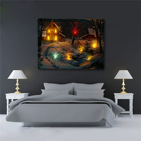 US LED Light-up Snow Deer Log Cabin Canvas Art Picture Print Home Wall Decor