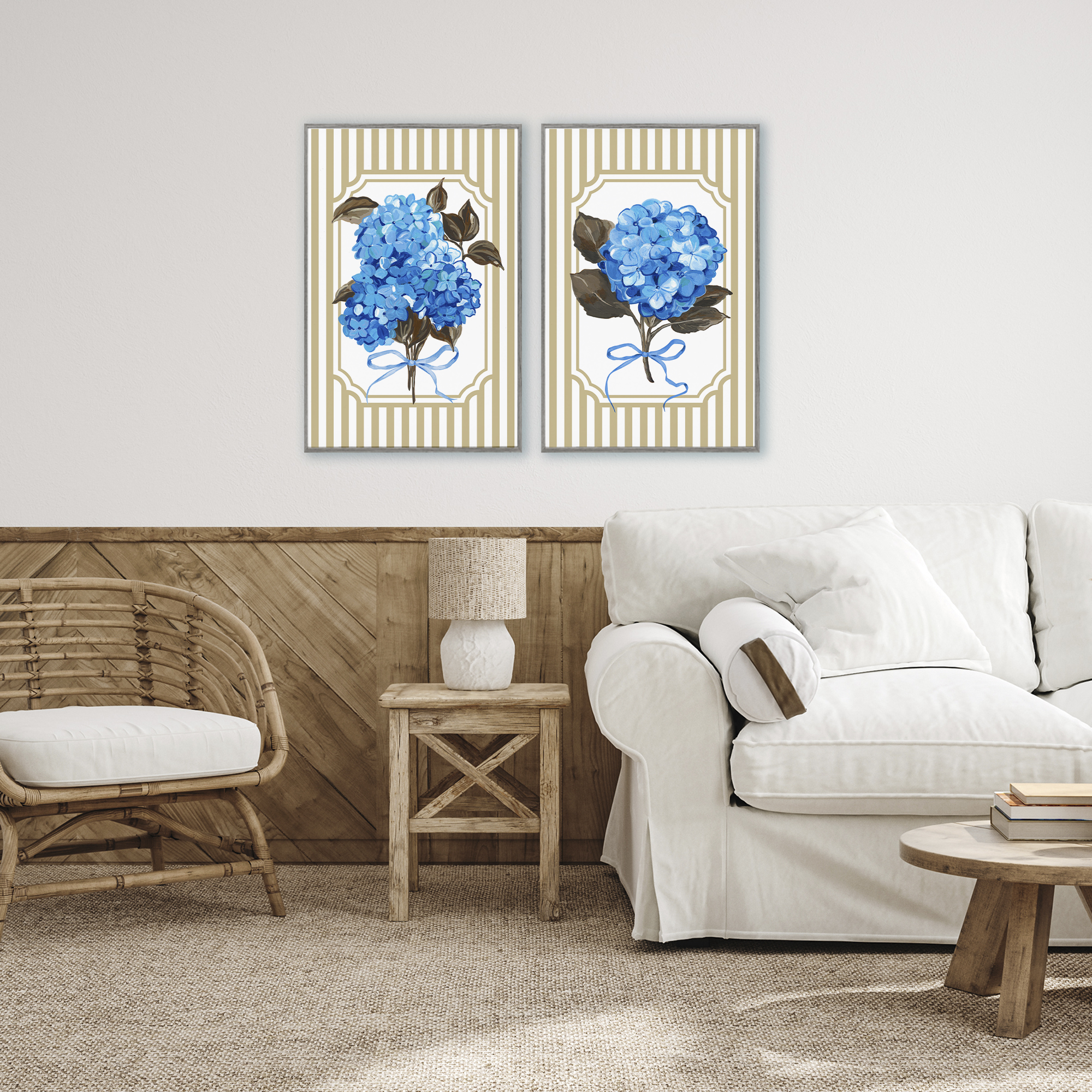Hydrangea Bouquets with Bows 2 Piece Gray Framed Giclee Art Set, design by Adonna Ebrahimi