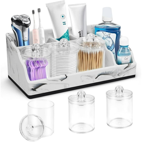 HBlife Marble Bathroom Countertop Organizer, Toothbrush Holders for Bathroom with 3PCS Qtip Holder Dispenser and Toothpaste Holder