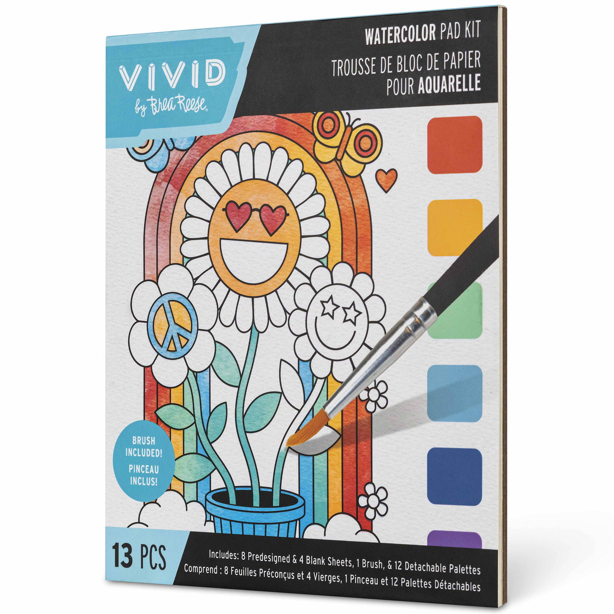 Vivid by Brea Reese: Watercolor Pad Kit - Rainbow - 8 Retro Groovy Themed Designs & 4 Blank Sheets, 12 Detachable Paint Palettes, Brush, Art Activity