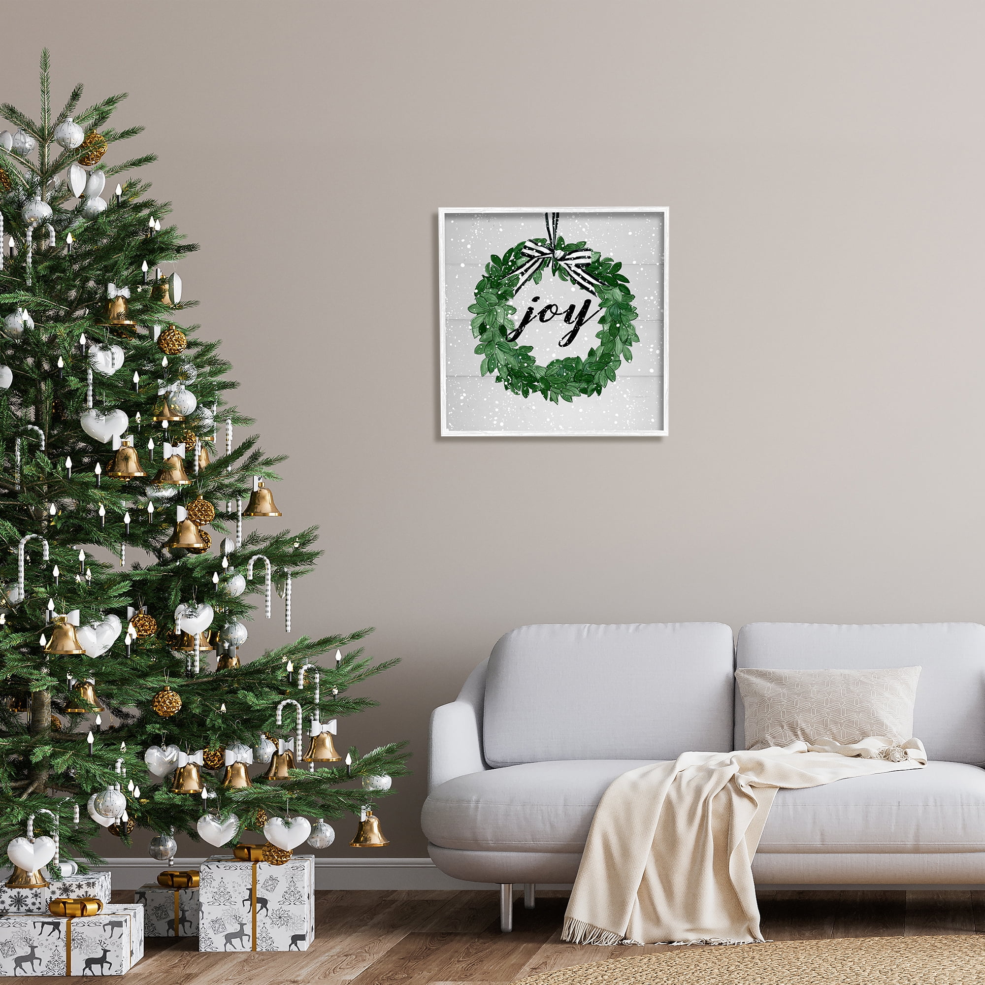 Stupell Industries Joy Sentiment Green Winter Leaf Wreath Snow Pattern, 24 x 24,Design by Carol Robinson