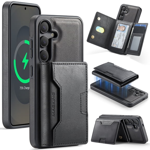 2 In 1 Design for Samsung Galaxy S25 FE Detachable Magnetic Wallet Case with Magnetic Snap, RFID Blocking Card / Cash Slots Shock-Absorbent PU Leather Classic Kickstand Rugged Phone Cover, Black