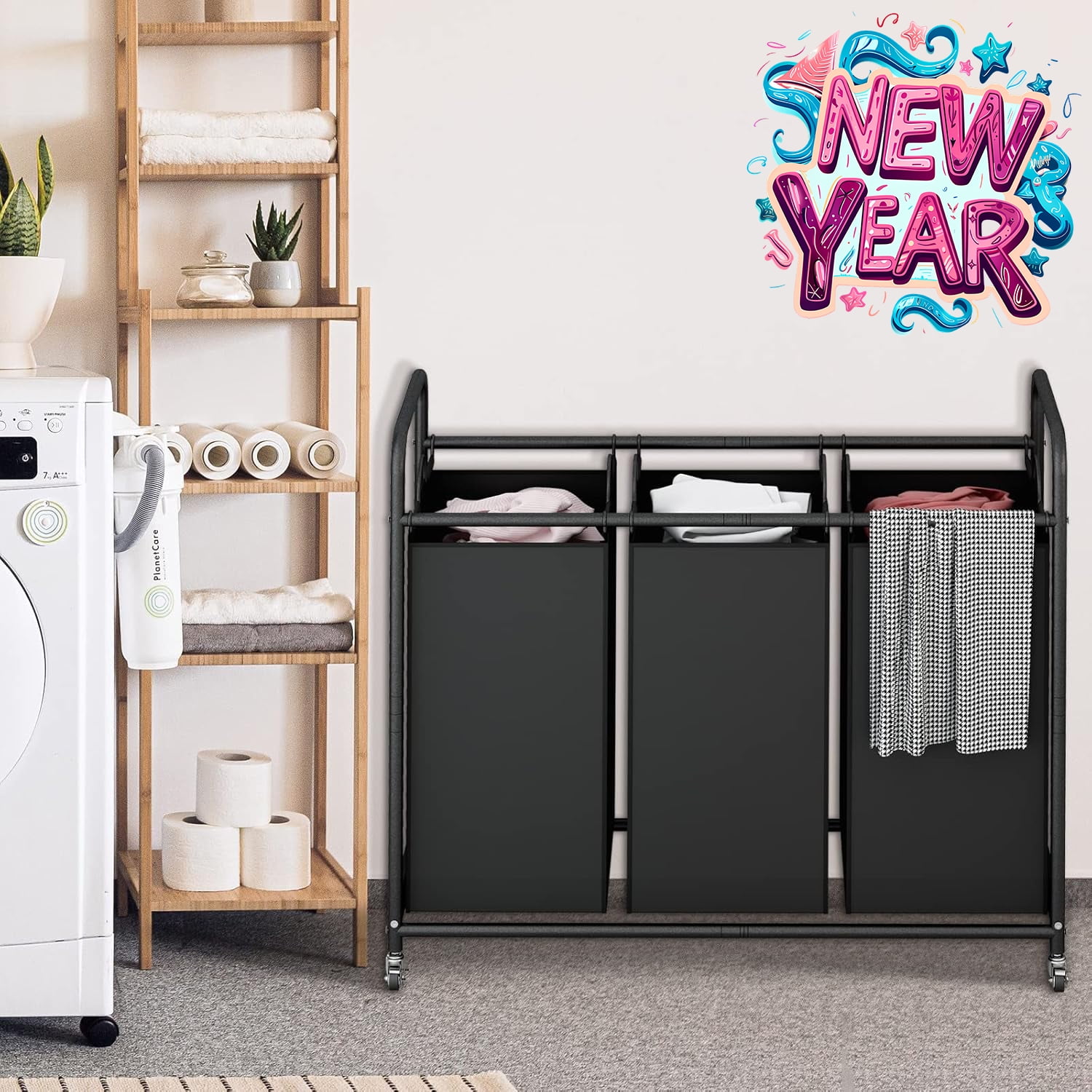 SUOERNUO 3-Bag Laundry Sorter Cart with Wheels – Heavy Duty Rolling Hamper with Removable Bags for Laundry Room Organization (Black)
