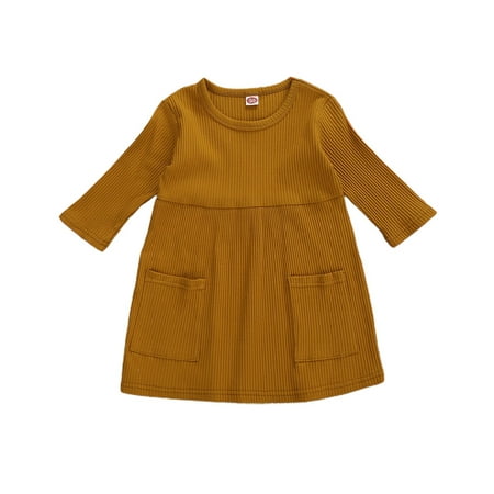 

Mioliknya Baby Girls Ribbed Knitted Dress Solid Three Quarter Sleeve Princess Clothes