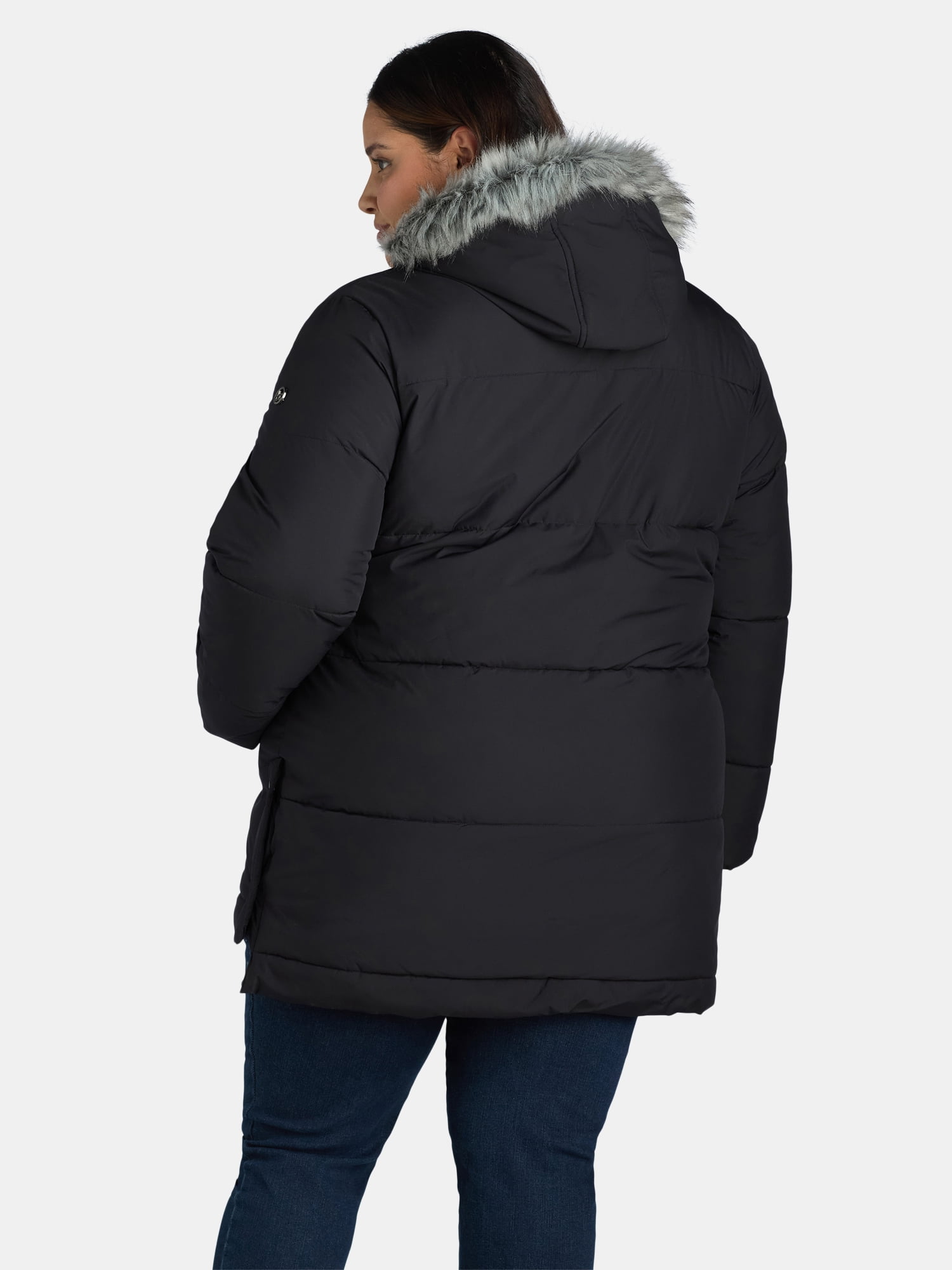 Big Chill Women's and Women's Plus Wide Quilted Puffer Coat with Faux Fur Trim Hood, Sizes S-3X