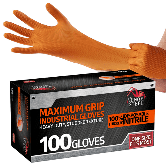 Venom Steel Maximum Grip Nitrile Gloves, 8 mil Thick, Raised Diamond Texture for Grip, Puncture and Rip Resistant, Hi-Visibility Orange, One Size Fits Most, 100 Count