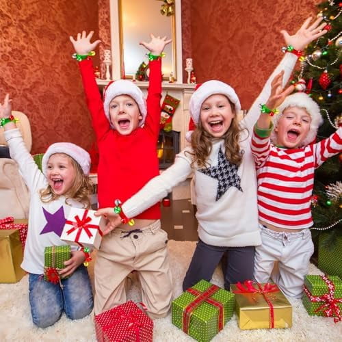 Christmas Wrist Bells Bracelets, 24Pcs Wrist Band Jingle Bells with Red Green Gold Silver Bells, Musical Instruments Adjustable Hand Ankle Bells for Christmas Gifts Kids Party Favor Toys