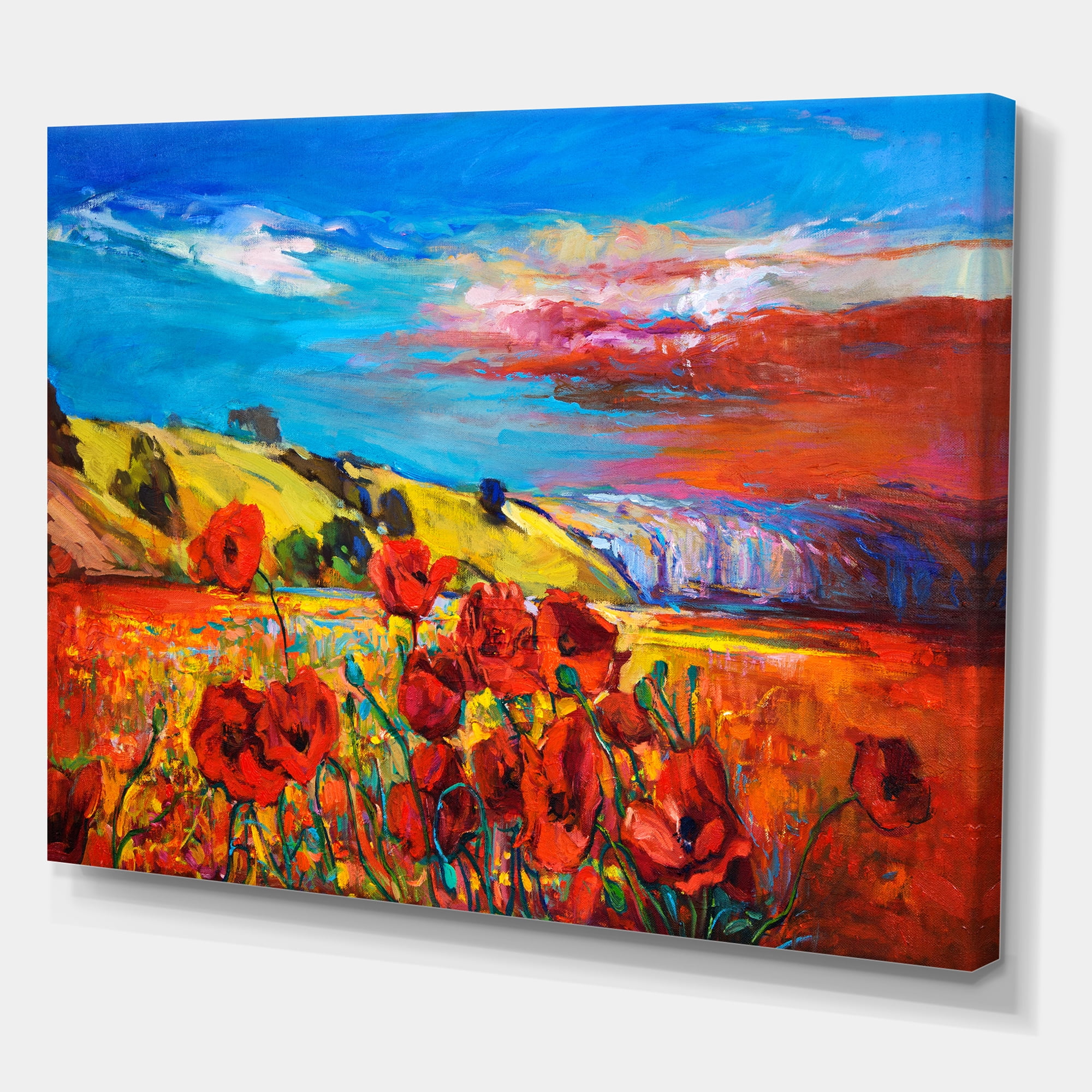 Blossomg Red Poppies Under A Blue Sky 12 in x 8 in Painting Canvas Art Print, by Designart