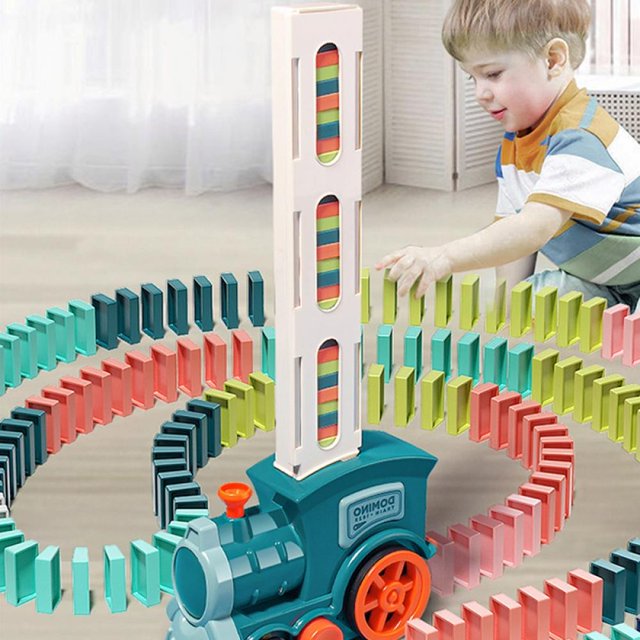 60Pcs Domino Train, Building Blocks Toys for Kids Ages 3-12, Domino Rally Electric Train Set with Family, Automatic Domino Train Set Kids Toy with Light and Sound Construction