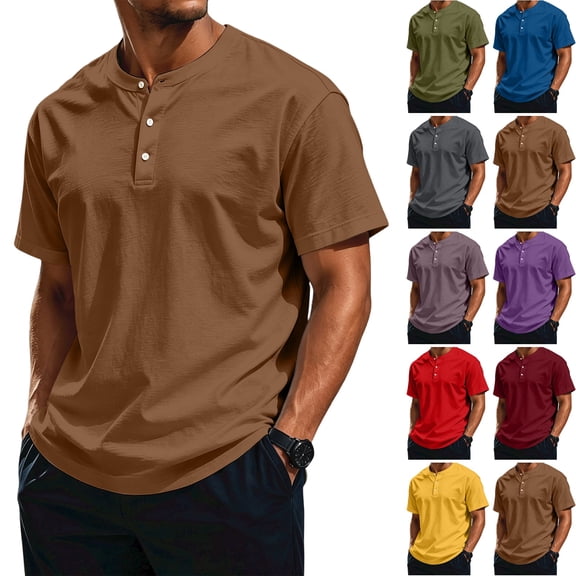 WULMLEO Men's Soft Cotton Henley Tees Three Button Notch Neck Short Sleeve Breathable Casual Walking T-Shirts Brown XL