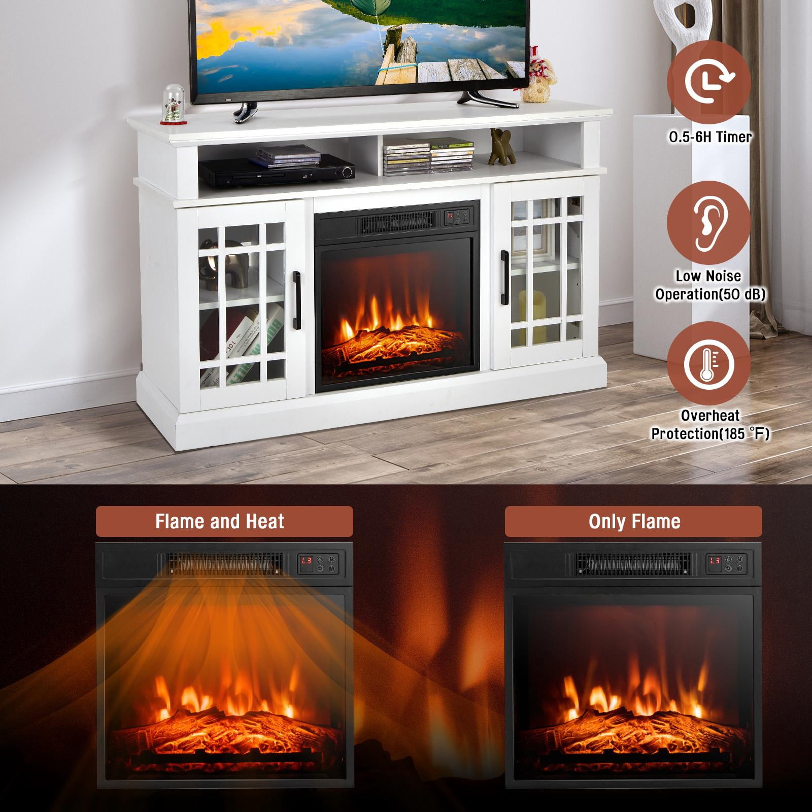Giantex 48" Wooden TV Stand w/Fireplace, Electric Fireplace TV Cabinet, Farmhouse Media Entertainment Center Console Table, White