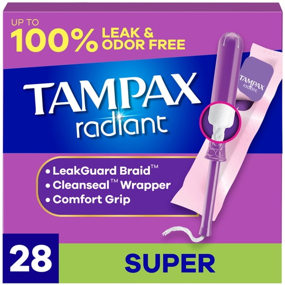 Tampax Radiant Tampons, with LeakGuard Braid, Super, 84 Count