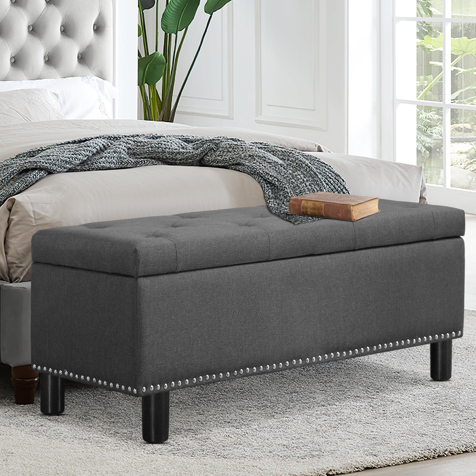 Furniliving Modern Upholstered Button Tufted Storage Ottoman Entryway Bench for Bedroom Livingroom, Dark Grey