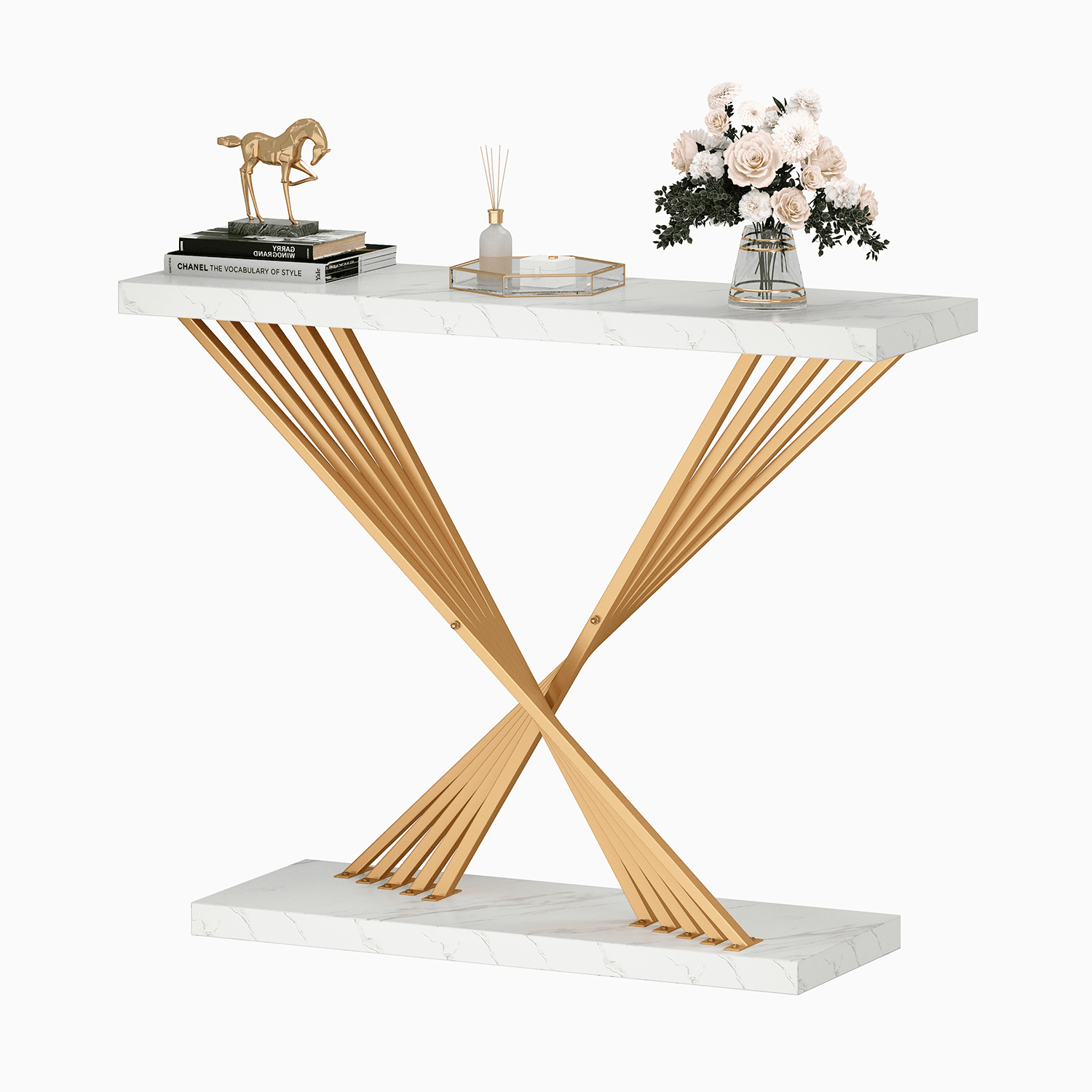 39.4 Inch Gold Console Table, White Faux Marble Modern Entryway Table Sofa Tables Behind The Couch for Entrance Hallway Living Room, X-Shape