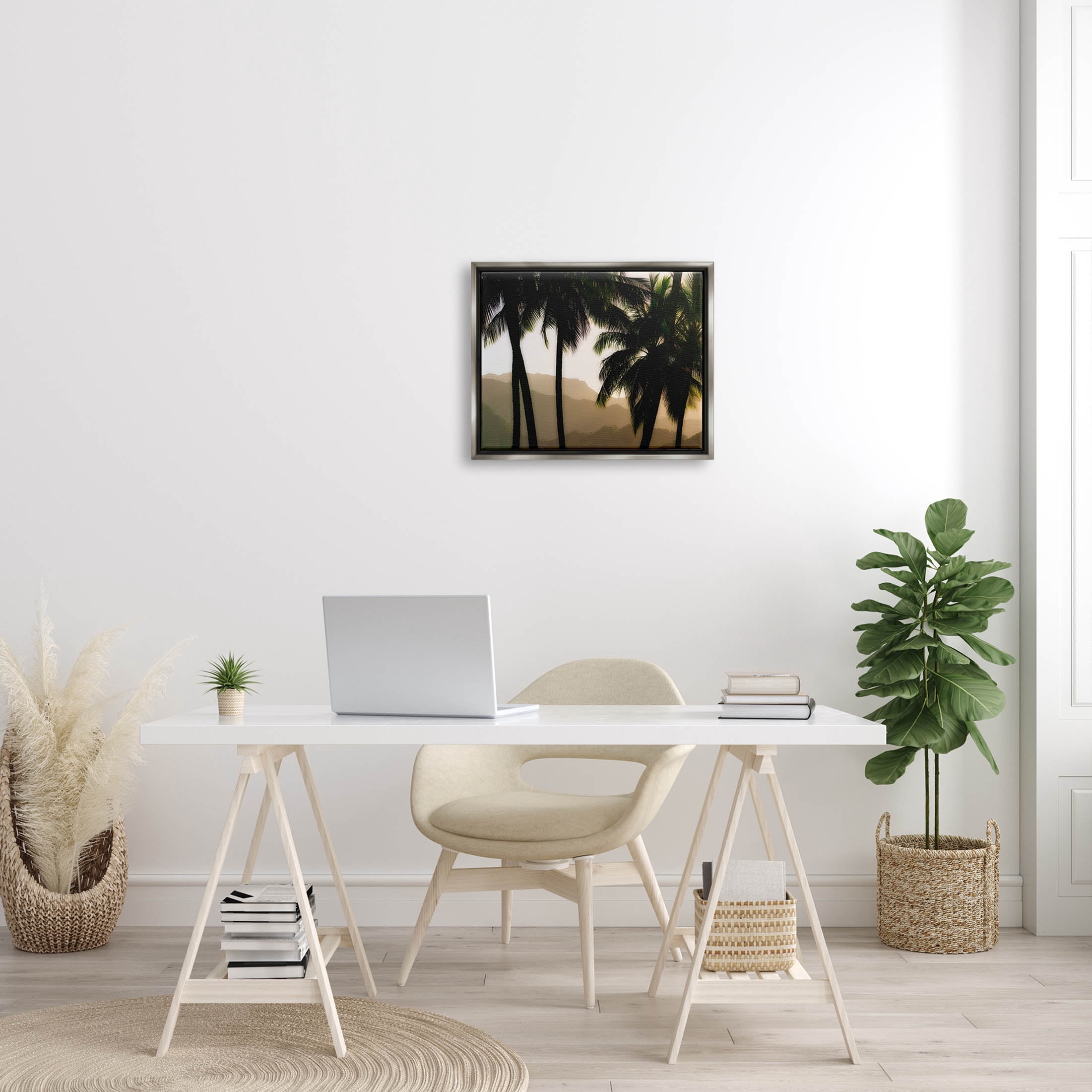 Stupell Industries Sunlit Palm Trees Mountain Peaks Photograph Luster Gray Floating Framed Canvas Print Wall Art, Design by Dennis Frates