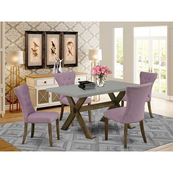 East West Furniture 5-Pc kitchen table set Included 4 Dining Chair Upholstered Seat and High Button Tufted Chair Back and Rectangular Dining Table with Cement Color rectangular Table Top - Distressed