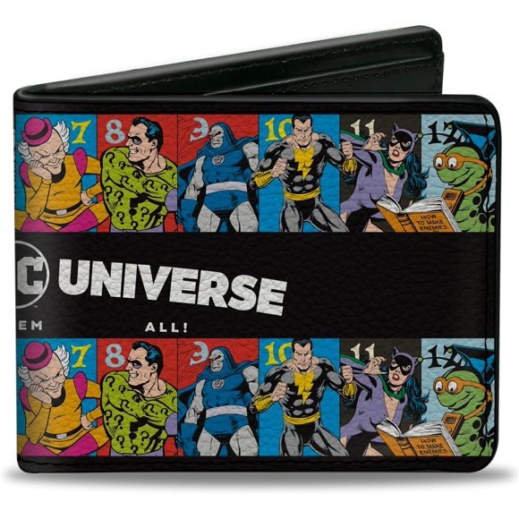 TRAHOO-DC Comics Wallet, Bifold, Villains Of the Dc Universe Character Blocks Black White, Vegan Leather, Black, 4.0" x 3.5", Casual