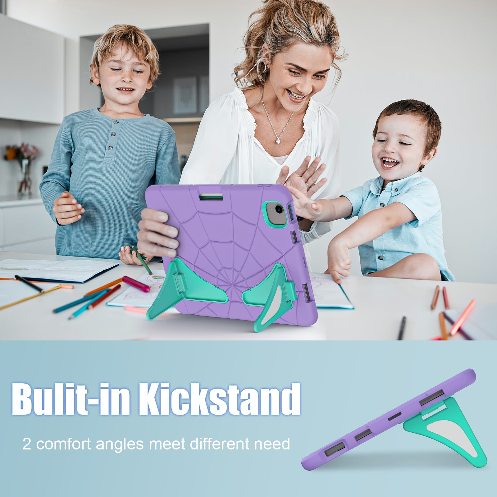 Allytechgroup iPad Pro 11 2024 Case, Cute Stylish Design Kids Friendly Rugged Kickstand Lightweight Silicone PC Case with Pencil Holder for Apple iPad Pro 11 Inch 2024, Purple+Green