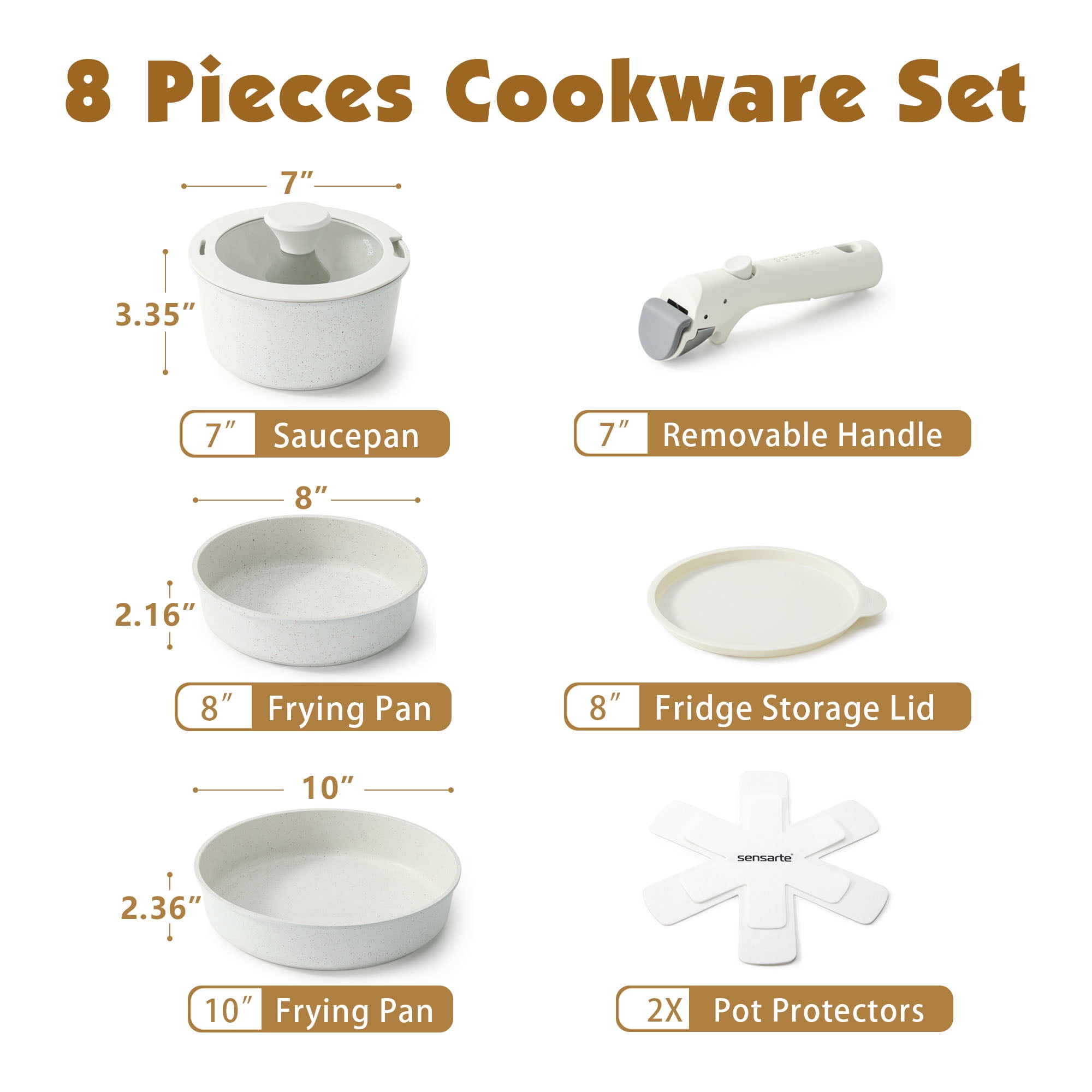SENSARTE 8-Piece Nonstick Pots and Pans Set with Detachable Handle, White Healthy Cookware Sets, Induction Compatible, Dishwasher/Oven Safe, Healthy Cooking Set for RV & Camping