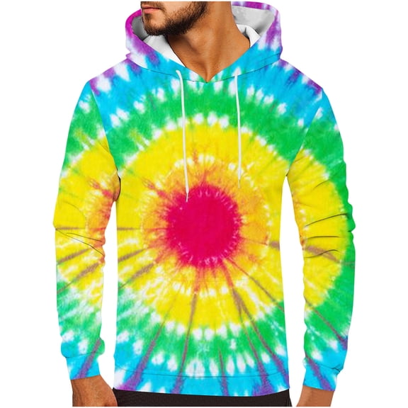 Lilgiuy Mens Crewneck Sweatshirts Casual Color Block Tie Dye Drawstring Hooded Pullover Novelty Long Sleeve Sweatshirt Tracksuits Tops for Other Activities