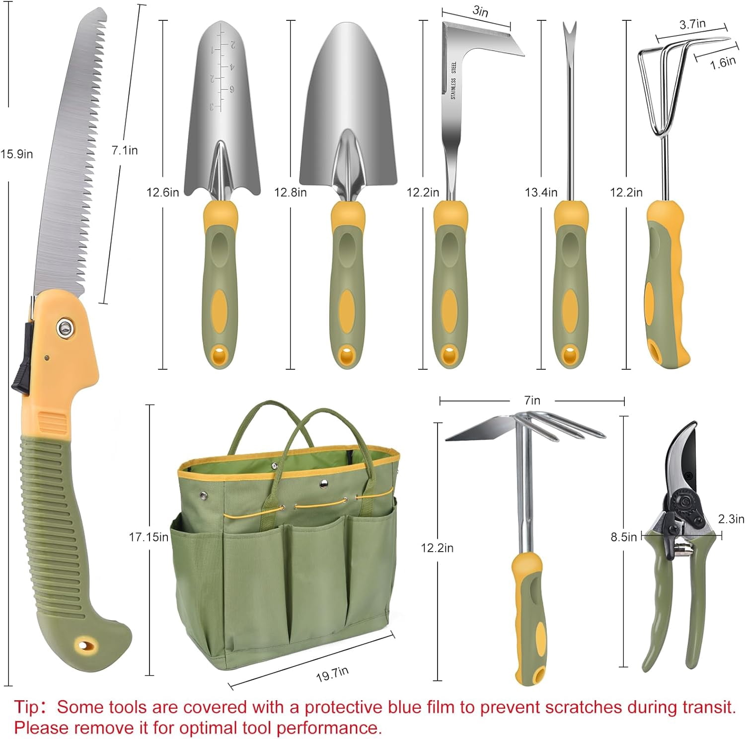 Wisakey Garden Tool Set 9-Pcs, Stainless Steel Heavy Duty Gardening Kit with Tool Bag - Ideal White Elephant & Practical Gift for Adults, Men & Women.