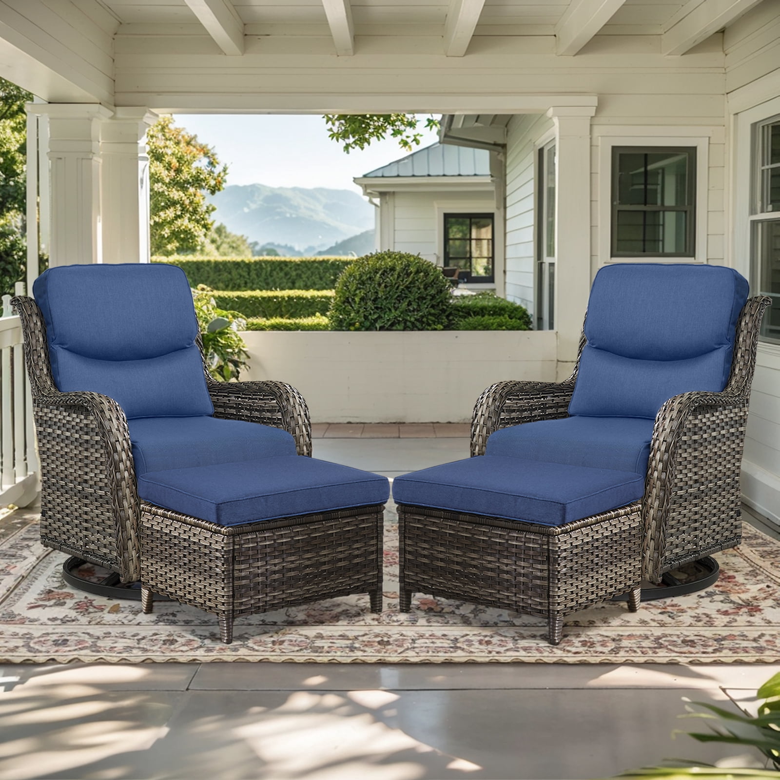 POCASSY 4 Pieces Patio Furniture Set with Swivel Chairs and Ottomans, High Back Deep Seat Cushioned Wicker Outdoor Swivel Chairs Set of 2 with Ottoman for Porch & Balcony, Gray/Blue
