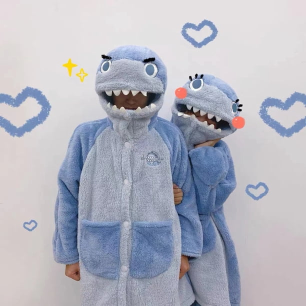 Pijama de polar coral con dibujos animados para mujer, con capucha de tiburón gruesa para invierno, para parejas