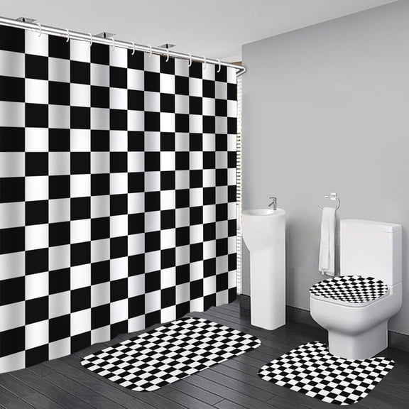 XIMEI 4-Piece Checkered Shower Curtain Set, Fun Gingham Bathroom Set with Non-Slip Rugs & Toilet Cover, Waterproof Shower Curtain with 12 Hooks, Black