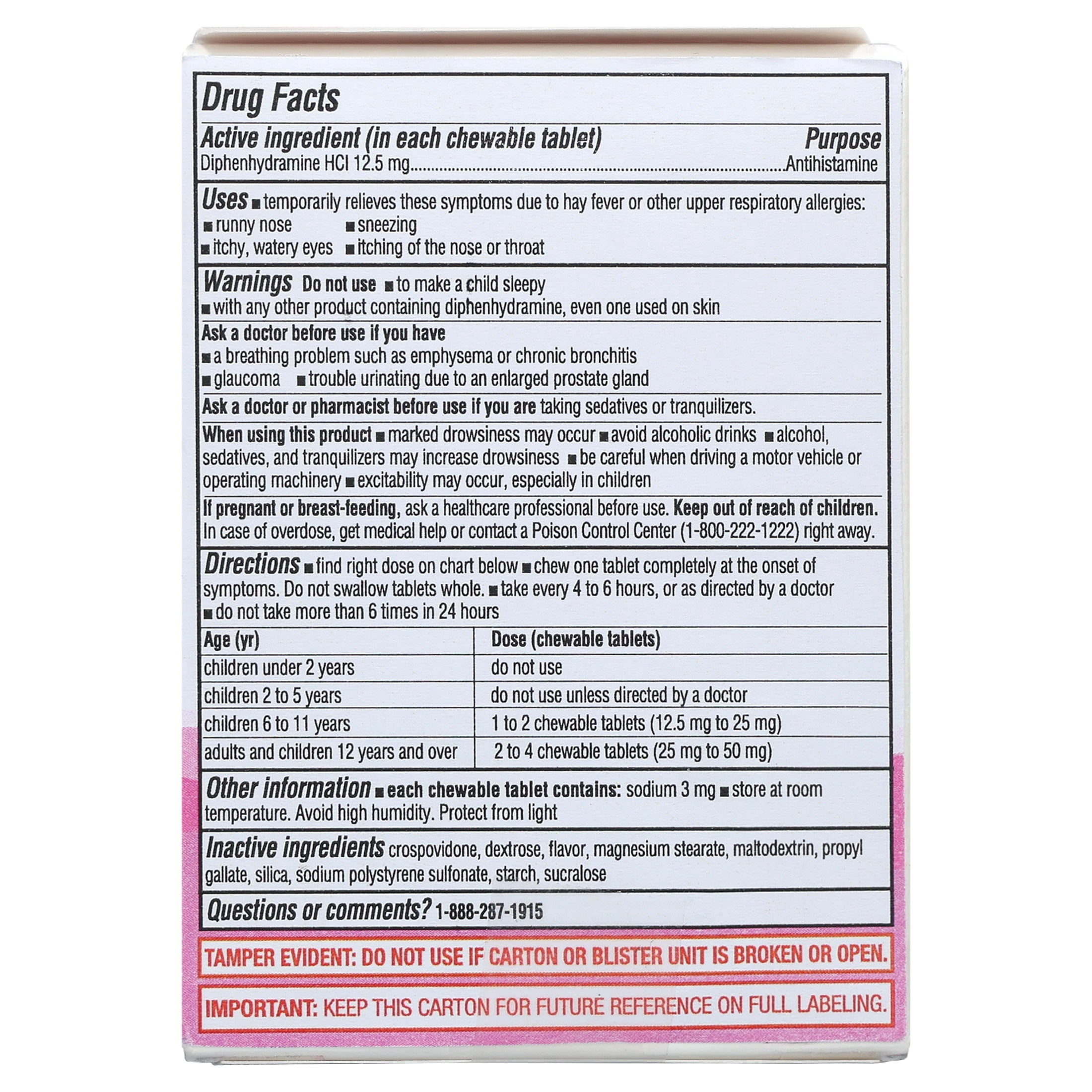 Equate Dye-Free Allergy Relief Chew - Diphenhydramine, Bubble Gum, 20 Count