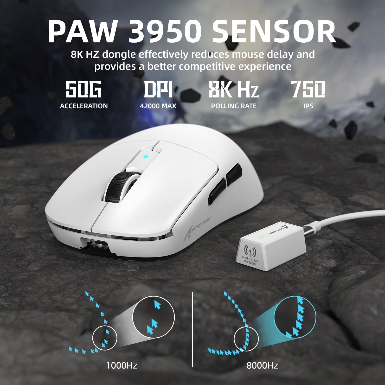 ATTACK SHARK R6PRO 39g Superlight Wireless Gaming Mouse, PixArt PAW3950MAX 42000 DPI, MCU Nodic 52840 Computer Mouse, 8K Polling Rate Web Driver, BT/2.4Ghz/Wired Tri-Mode Mice with Coiled Cable