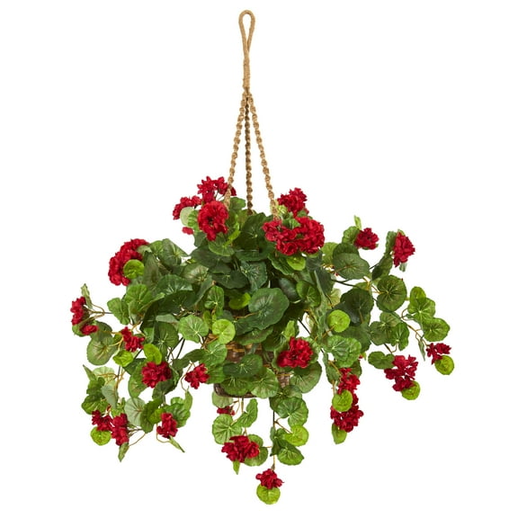 Nearly Natural Plastic 27" Red Geranium Artificial Plant in Hanging Basket