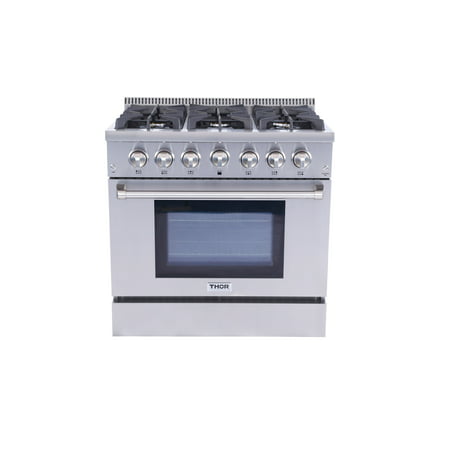 Thor Kitchen HRG3618U 36  Freestanding Professional Style Gas Range with 5.2 Cu. Ft. Oven  6 Burners  Convection Fan  Cast Iron Grates  Blue Porcelain Oven Interior  In Stainless Steel