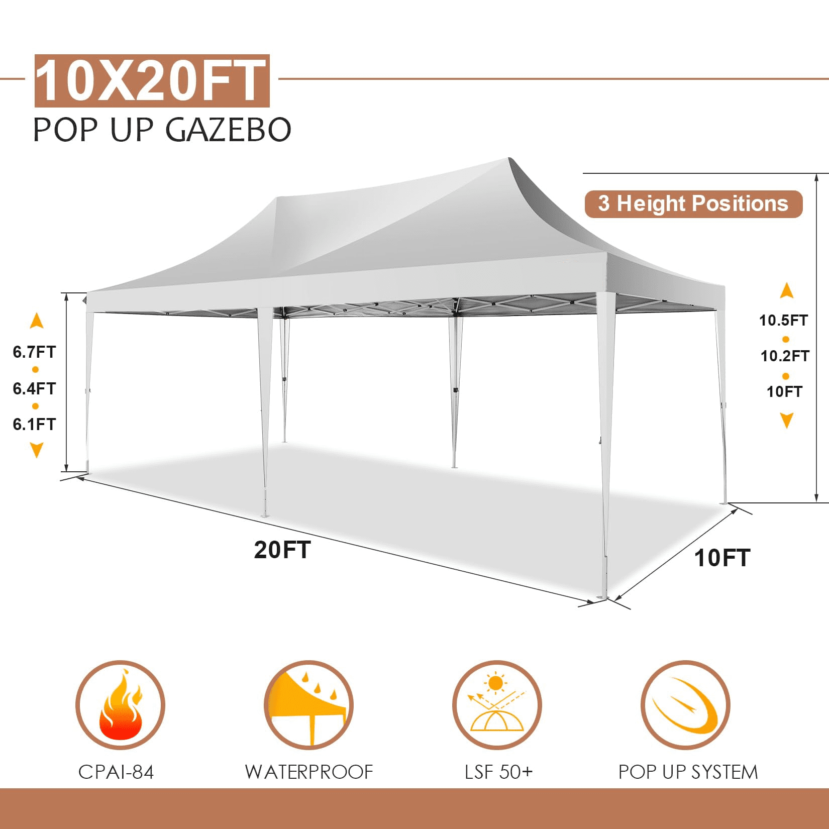 COBIZI 10x20 EZ Pop Up Canopy Tent for Party Outdoor Canopy with 6 Sidewalls Gazebo for Backyard Wedding Camping Events Waterproof & UV50+ Carry Bag,White(Frame Upgraded)