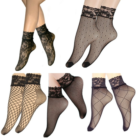 Lace Trim Black Fishnets Patterned Ankle Socks Breathable Nylon Mesh Soft Middle Calf Socks Gift For Women 5 Pairs Set