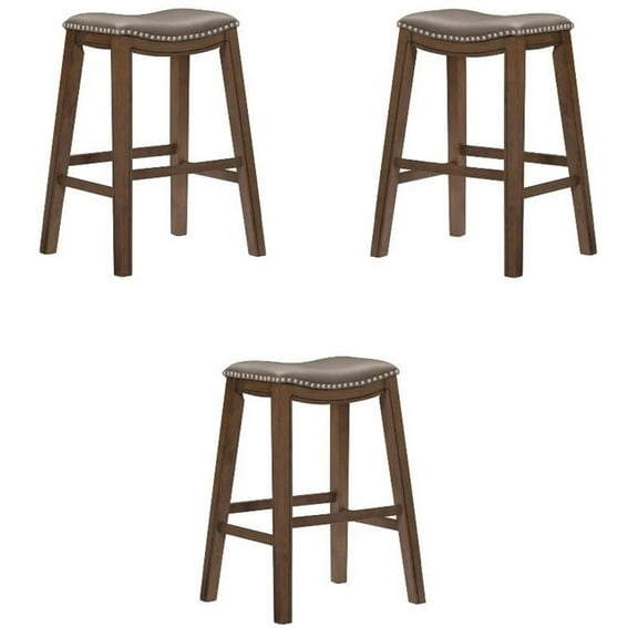 Pemberly Row 29" Upholstered Faux Leather Saddle Bar Stool in Gray - Set of 3