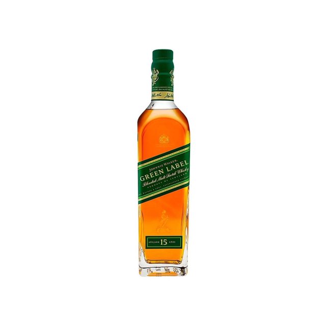 pack de 6 whisky johnnie walker green label de 700ml botella frontal con etiqueta verde diagonal y líquido dorado, 700 ml, 43% alc., notas especiadas y ahumado complejo; el empaque puede variar.