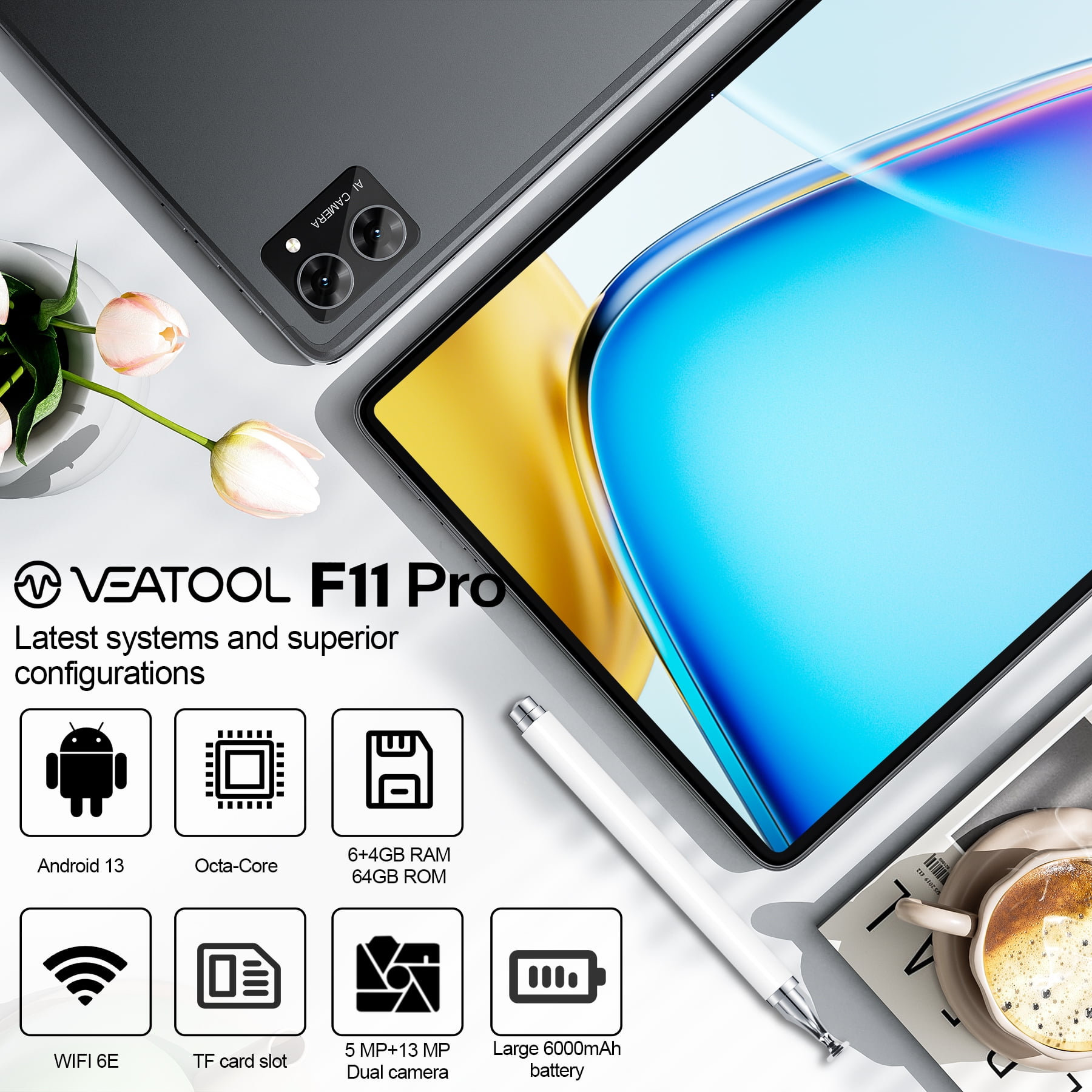 VEAT00L Tablet,10.1" Android Tablet with Octa-core Processor 10GB RAM 128GB ROM HD IPS Touchscreen 8H Battery, Wi-Fi 6, BT 5.0, Dual Camera, Google Tablets 2026