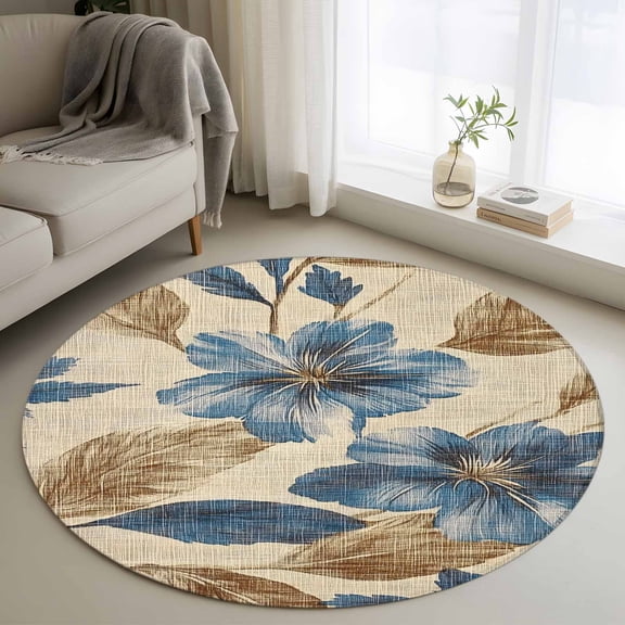 Round Rugs 3Ft, Navy Blue Brown Floral Round Area Rug Washable Indoor Throw Carpet, Tropical Palm Leaves Vintage Small Non Slip Circle Rug for Bedroom Living Room Home Decor Aesthetic